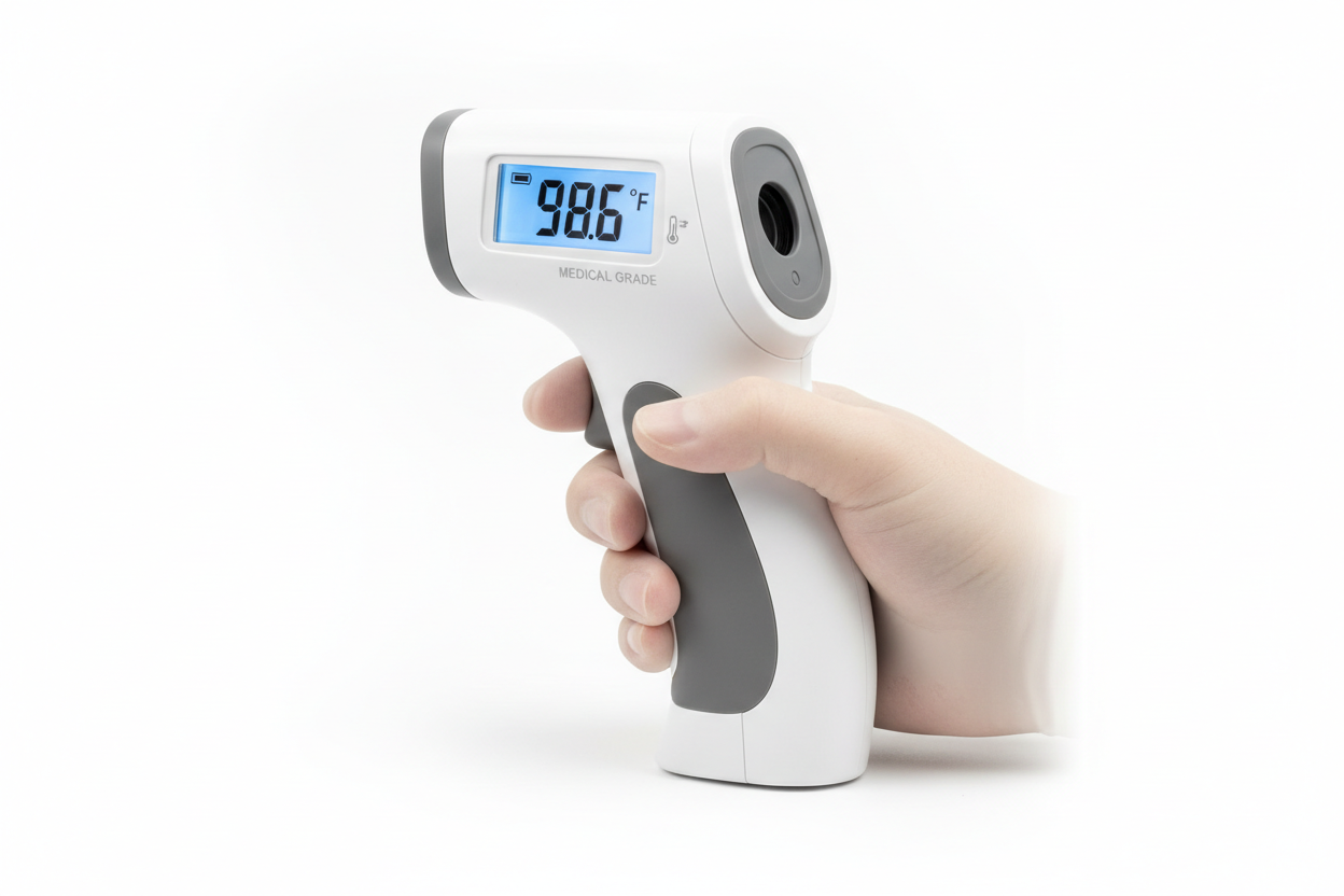 Daily Assist Product 95 - handheld medical grade thermometer displaying 98.6°F.