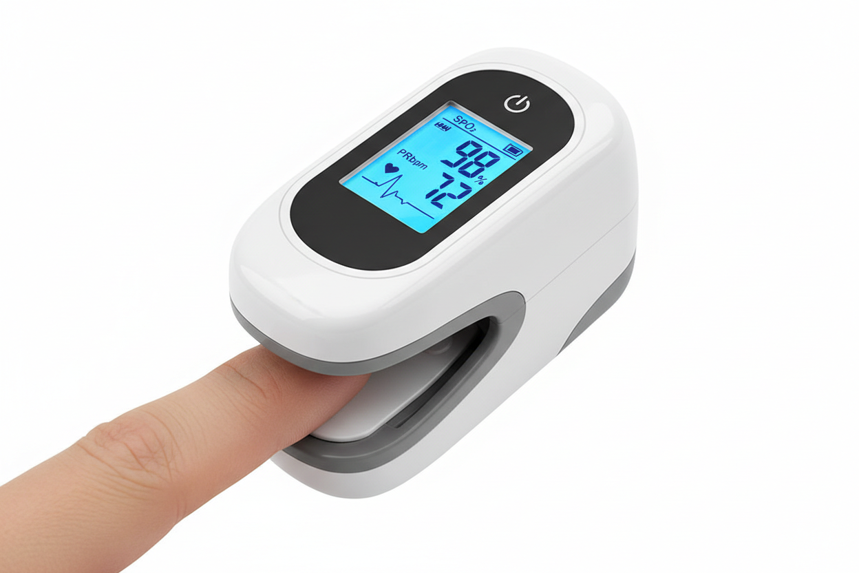 Mobility Product 93 finger pulse oximeter displaying heart rate and oxygen levels on the screen.